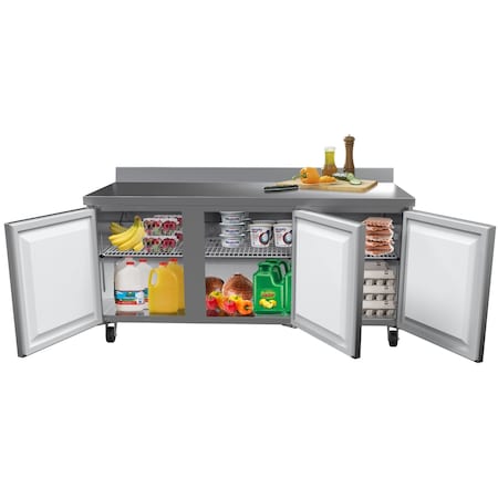 Koolmore 72" Stainless Steel 3 Door Worktop Commercial Refrigerator with 3 1/2 Backsplash RWT-3D-16C